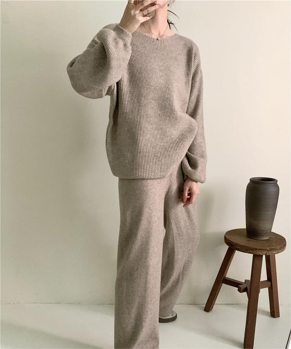 Loose Knitting Suit Women Autumn Winter Round Neck Sweater Wide Leg Pants-Fancey Boutique