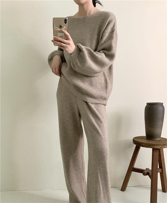 Loose Knitting Suit Women Autumn Winter Round Neck Sweater Wide Leg Pants-Fancey Boutique