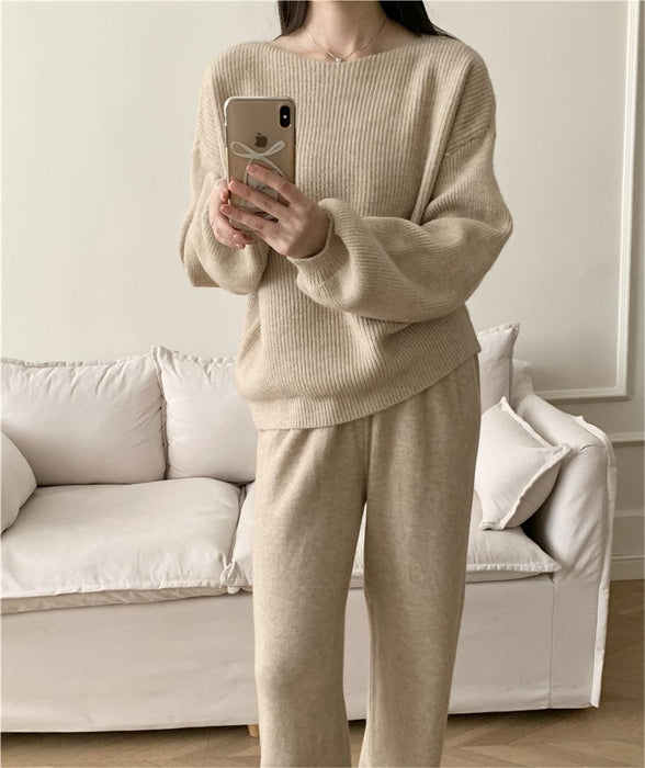 Loose Knitting Suit Women Autumn Winter Round Neck Sweater Wide Leg Pants-Fancey Boutique