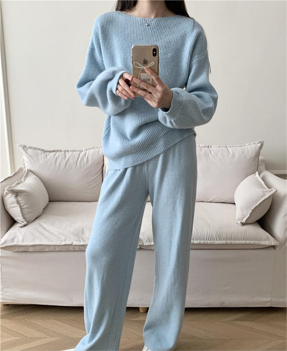 Loose Knitting Suit Women Autumn Winter Round Neck Sweater Wide Leg Pants-Blue-Fancey Boutique