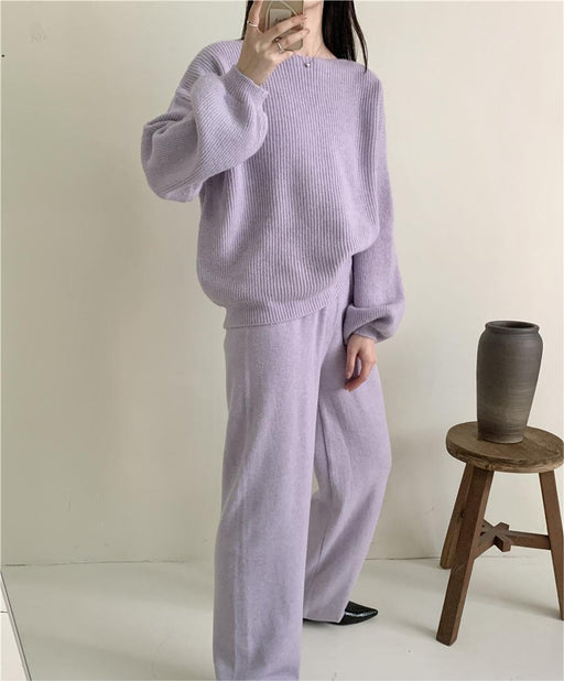 Loose Knitting Suit Women Autumn Winter Round Neck Sweater Wide Leg Pants-Purple-Fancey Boutique