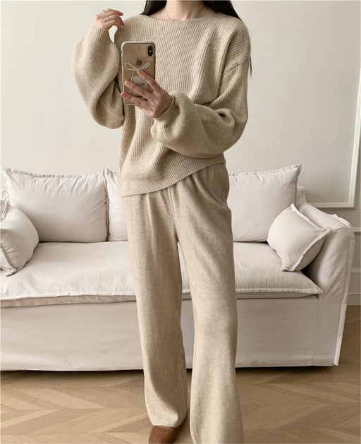 Loose Knitting Suit Women Autumn Winter Round Neck Sweater Wide Leg Pants-Apricot-Fancey Boutique