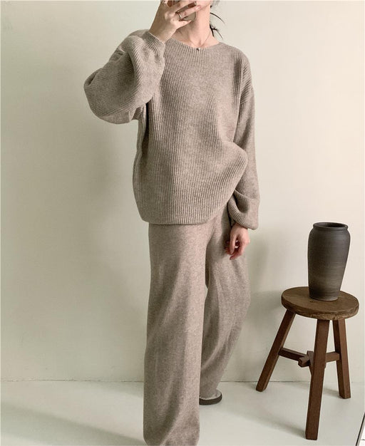 Loose Knitting Suit Women Autumn Winter Round Neck Sweater Wide Leg Pants-Khaki-Fancey Boutique