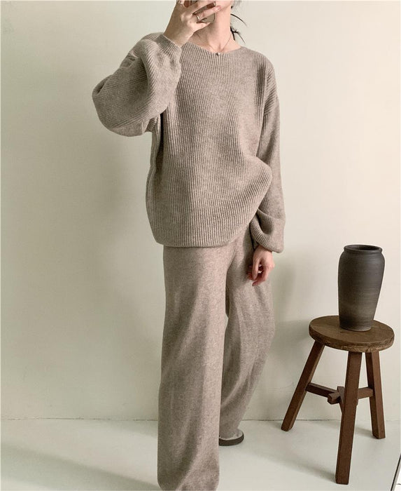 Loose Knitting Suit Women Autumn Winter Round Neck Sweater Wide Leg Pants-Khaki-Fancey Boutique