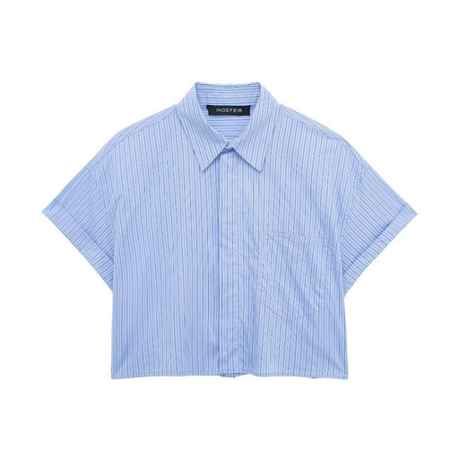 Women Poplin Short Shirt-Blue-Fancey Boutique