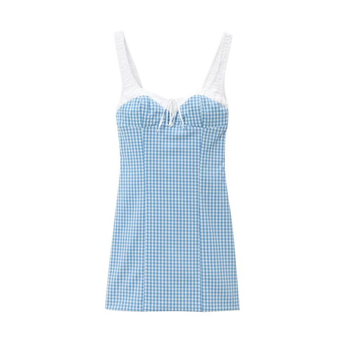 Summer Women Clothing Slim Fitting Simple Plaid Dress-Blue-Fancey Boutique