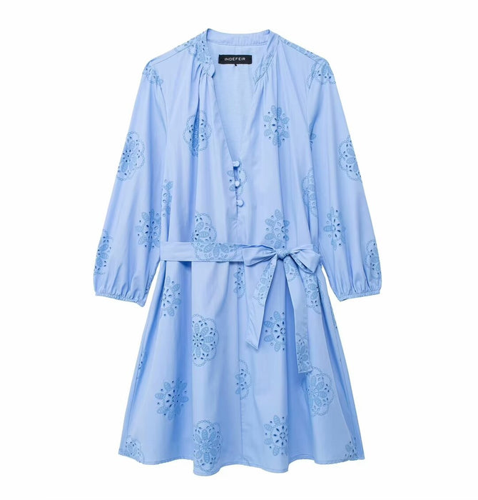 Women Clothing Summer Adhesive Embroidery Lace Up Poplin Dress-Blue-Fancey Boutique