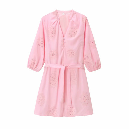 Women Clothing Summer Adhesive Embroidery Lace Up Poplin Dress-Pink-Fancey Boutique
