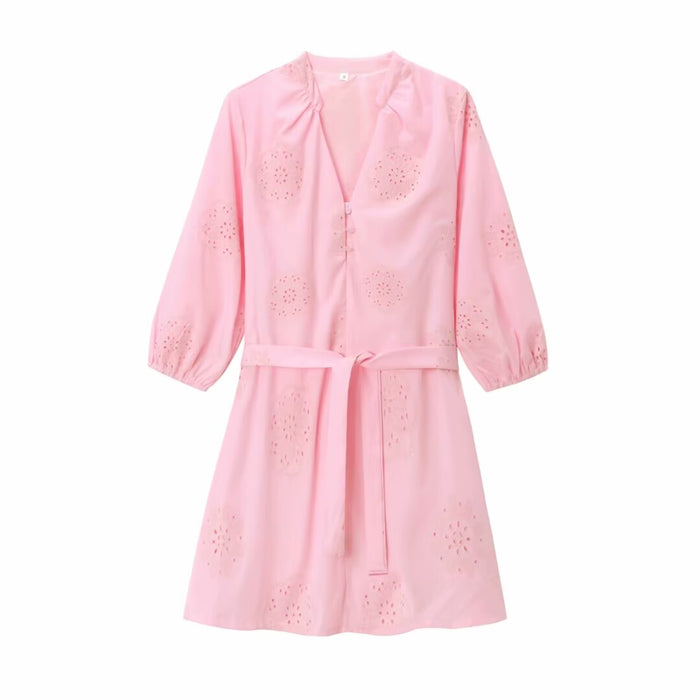 Women Clothing Summer Adhesive Embroidery Lace Up Poplin Dress-Pink-Fancey Boutique