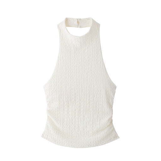 Women Clothing Summer Texture Hanging Collar Top Texture Pants Suit-White Coat-Fancey Boutique
