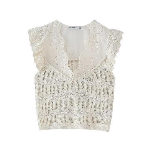 Women Clothing Laminated Decoration Patchwork Knitting Romantic Top-Ivory-Fancey Boutique