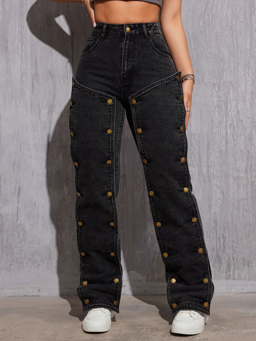 Denim Non Stretch Hip Hop Detachable Multi Button Stitching Straight Cargo Pants-Black-Fancey Boutique