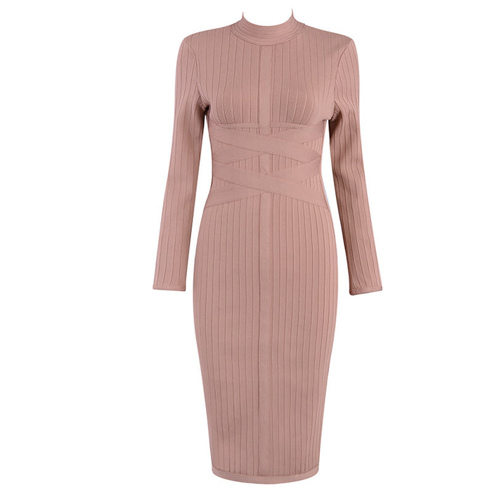 Color-Brown-Winter New Fashion Bandage Dress Long-Sleeved Waist Hip-Wrapped Evening Dress for Women-Fancey Boutique