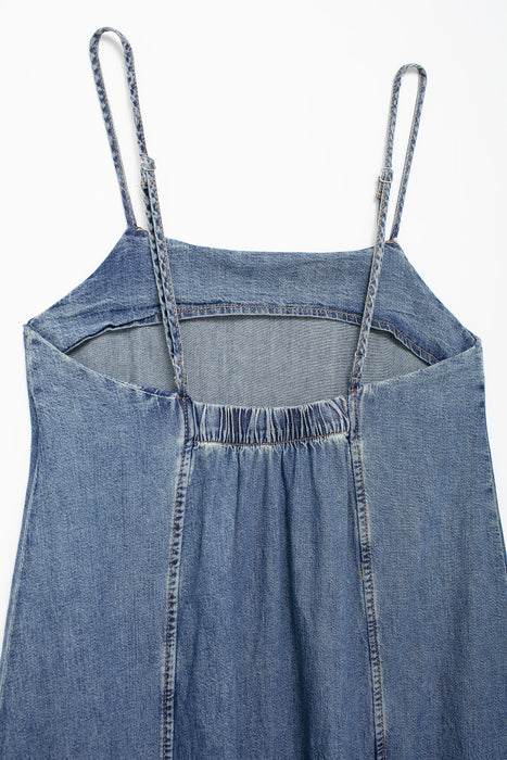 Women Clothing French Washed Denim Sling Dress Summer Loose Youthful Looking A Line Dress-Fancey Boutique