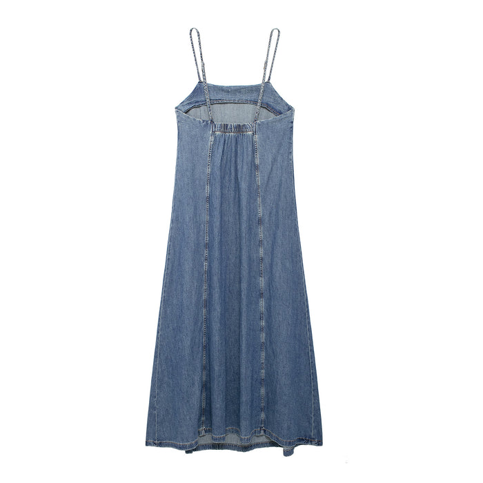 Women Clothing French Washed Denim Sling Dress Summer Loose Youthful Looking A Line Dress-Fancey Boutique