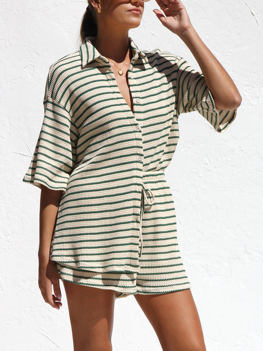 Ladies Summer Fresh Cotton Waffle Striped Shirt Shorts Sets-Green-Fancey Boutique