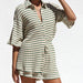 Ladies Summer Fresh Cotton Waffle Striped Shirt Shorts Sets-Green-Fancey Boutique