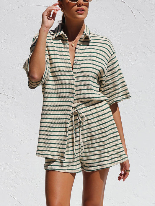 Ladies Summer Fresh Cotton Waffle Striped Shirt Shorts Sets-Fancey Boutique