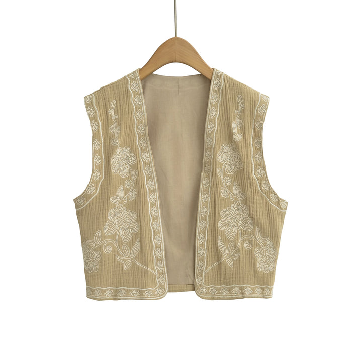 Women Two Color Embroidery Vest Jacket-Khaki-Fancey Boutique