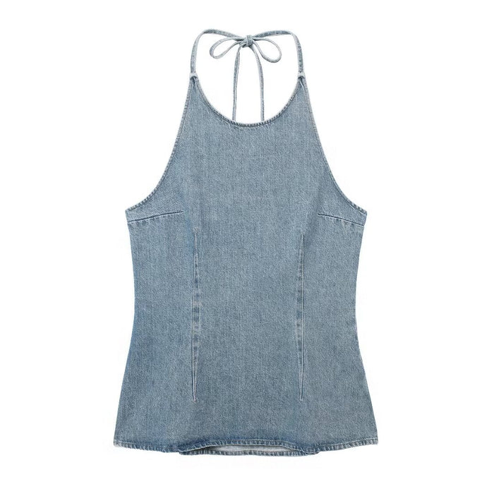 Summer Women Street Neck Sleeveless Denim Top-Blue-Fancey Boutique