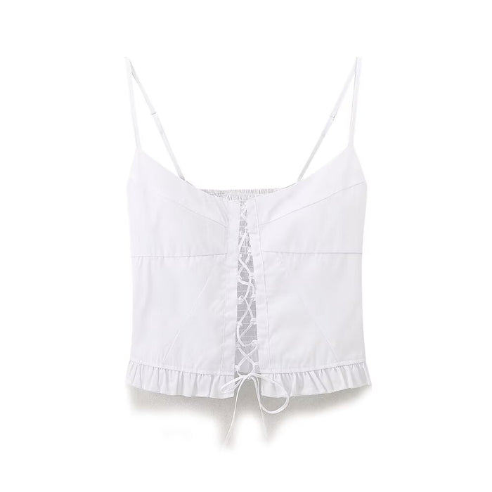 Summer Women Clothes Laminated Decoration White Lace up Sleeveless Sling Stretch Vest Short Top-White-Fancey Boutique