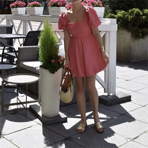 Women Clothing French Platycodon Grandiflorum Linen Blended Dress Women Summer Square Collar Slimming Mini Dress-Fancey Boutique