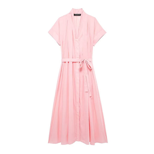 Summer Shirt Series Belt Maxi Dress-Pink-Fancey Boutique