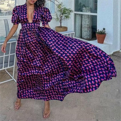 Women Clothing Geometric Abstract Printed V Neck Dress Sexy Elegant Short Sleeve Waist Slimming Maxi Dress-Fancey Boutique