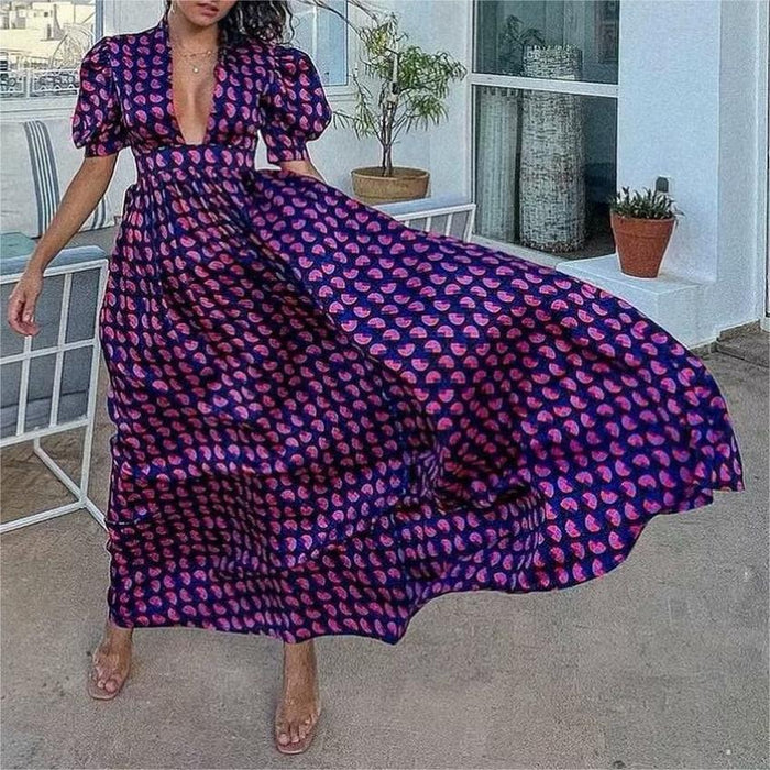 Women Clothing Geometric Abstract Printed V Neck Dress Sexy Elegant Short Sleeve Waist Slimming Maxi Dress-Fancey Boutique