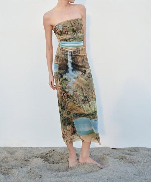 Spring Printing Silk Net Bandeau Slim Fit Maxi Dress-Fancey Boutique