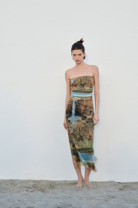 Spring Printing Silk Net Bandeau Slim Fit Maxi Dress-Fancey Boutique