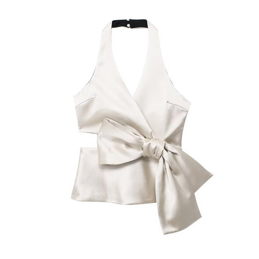 Women Clothing Bowknot Silk Satin Textured Top-Ivory-Fancey Boutique