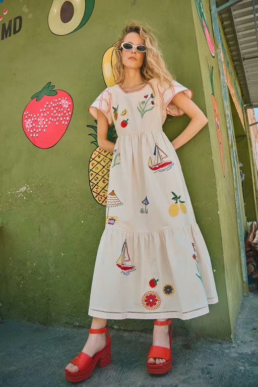 Summer Women Clothing V Neck Vacation Letter Graphic Printed Cardigan High Waist Dress Long Dress-Fancey Boutique