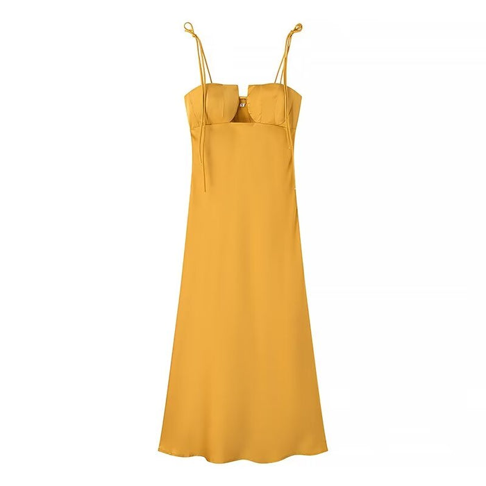 Solid Color Sling Dress Backless High Waist Slim Fit Maxi Dress Party Dress-Yellow-Fancey Boutique