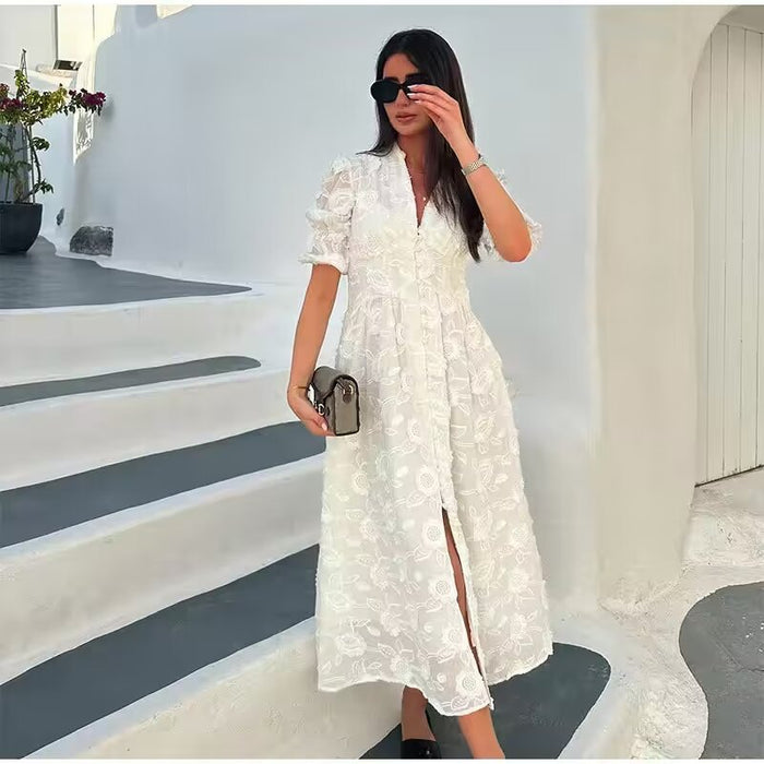 Fairy Retro French V Neck Shirt Women Waist Tight Slimming Elegant Maxi Dress-Fancey Boutique