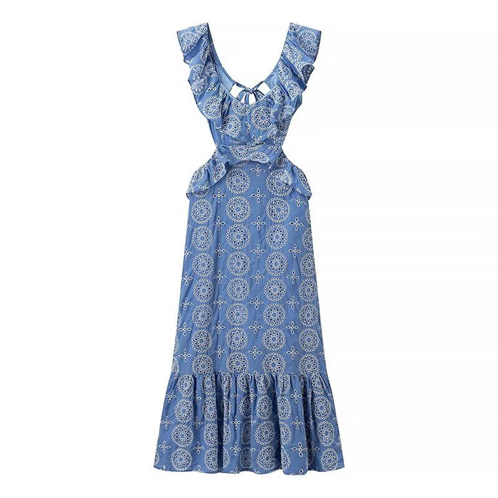 Women Heavy Industry Cotton Embroidery Laminated Decoration Midi Dress Sexy Backless Lace Up Dress-Blue-Fancey Boutique