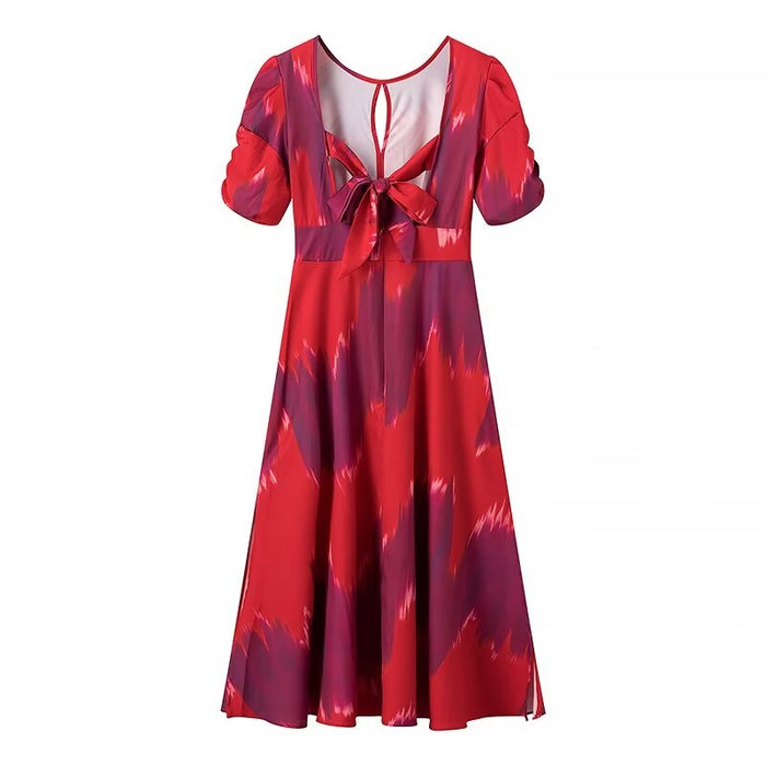 Summer Women Bubble Sleeve Bow Loose Dress Women-Red-Fancey Boutique