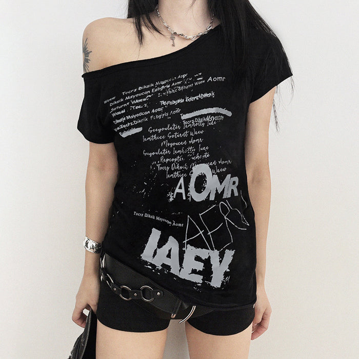 Dark Letter Graphic Printed Shoulder Loose Cool Short Sleeve Millennium Sexy Niche Street Sexy Backless T shirt-Fancey Boutique