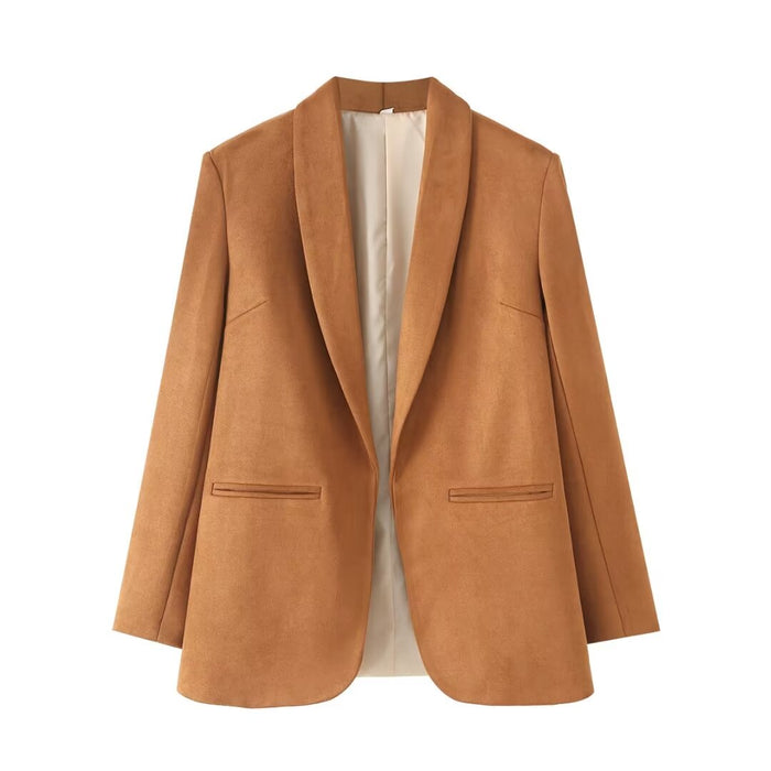 Women Clothing French All Match Solid Color Long Sleeve Suede Blazer-Brown-Fancey Boutique