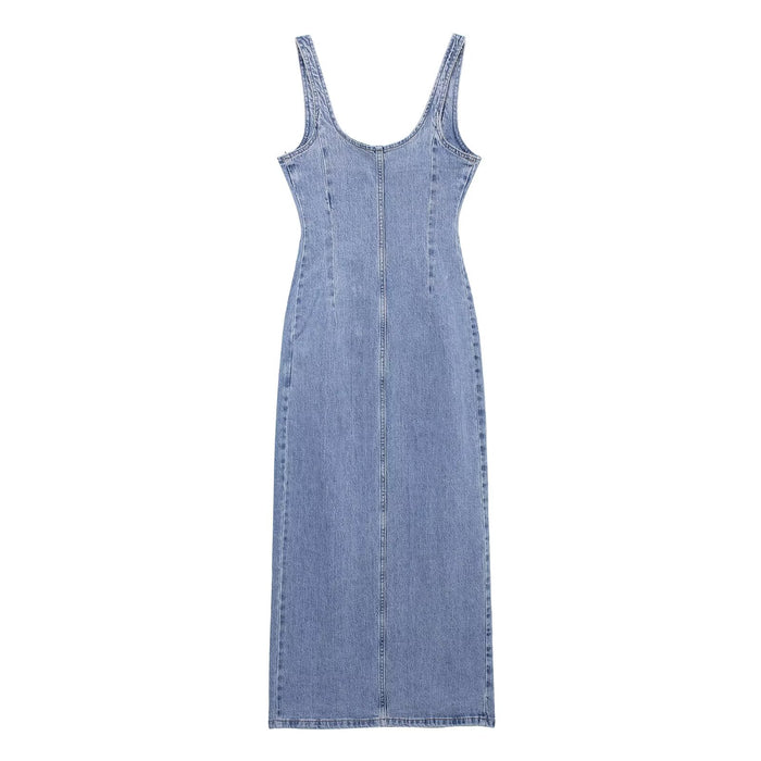 Summer Women Casual Decorated Row Button Denim Midi Dress-Fancey Boutique