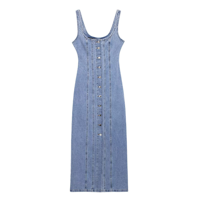 Summer Women Casual Decorated Row Button Denim Midi Dress-Blue-Fancey Boutique