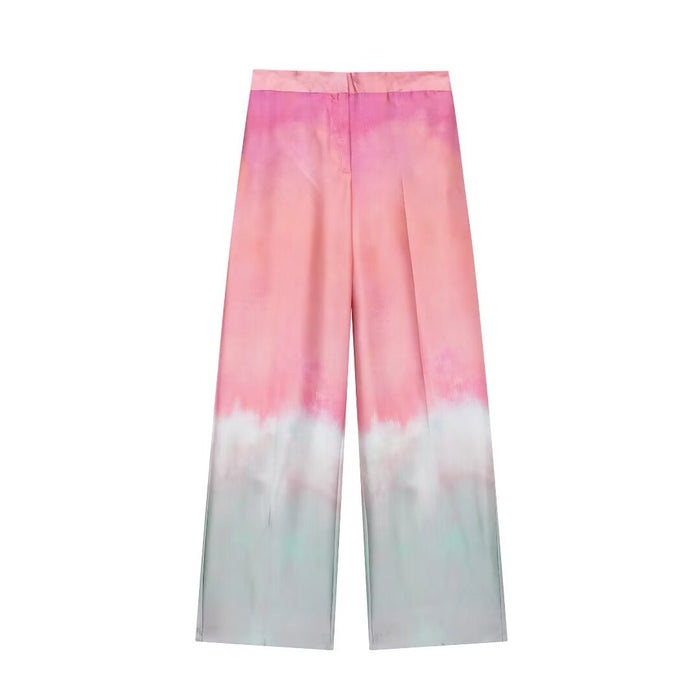 Long Sleeve Collared Tie Dye Printed Shirt High Waist Wide Leg Trousers-Multicolor Casual Pants-Fancey Boutique