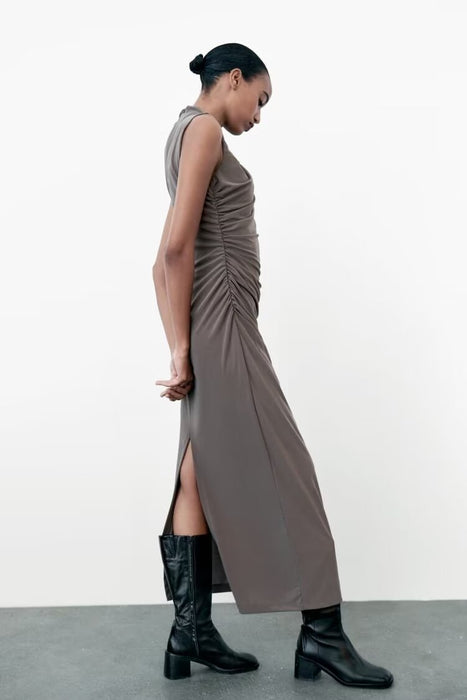 Autumn Pleated Decoration Slim Sleeveless Midi Dress-Fancey Boutique