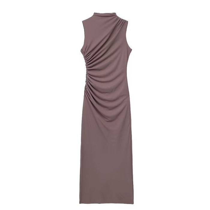 Autumn Pleated Decoration Slim Sleeveless Midi Dress-Fancey Boutique