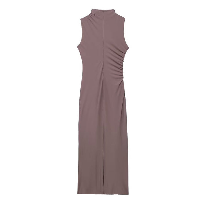 Autumn Pleated Decoration Slim Sleeveless Midi Dress-Fancey Boutique