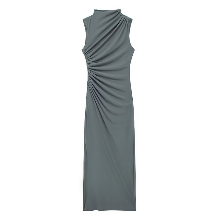 Autumn Pleated Decoration Slim Sleeveless Midi Dress-Green-Fancey Boutique