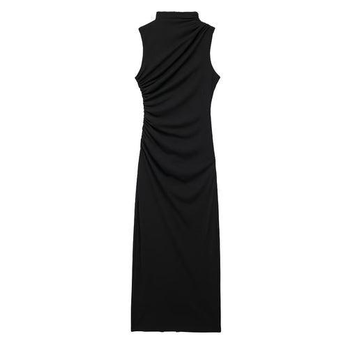 Autumn Pleated Decoration Slim Sleeveless Midi Dress-Black-Fancey Boutique
