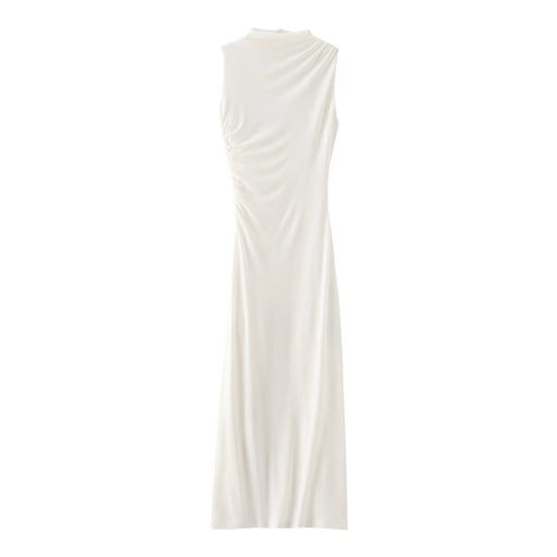Autumn Pleated Decoration Slim Sleeveless Midi Dress-White-Fancey Boutique