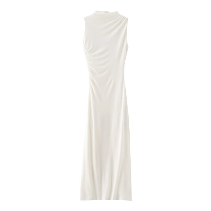 Autumn Pleated Decoration Slim Sleeveless Midi Dress-White-Fancey Boutique