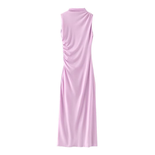 Autumn Pleated Decoration Slim Sleeveless Midi Dress-Pink-Fancey Boutique